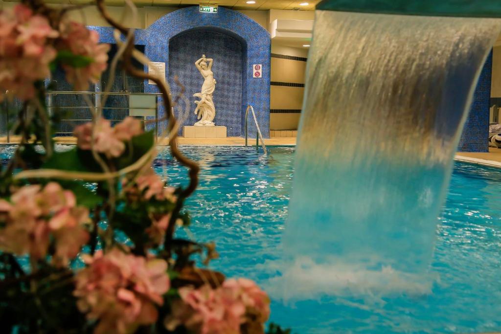 a fountain in front of a swimming pool with pink flowers at Ensana Sovata in Sovata