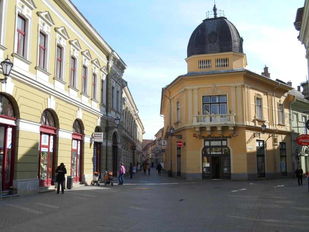 a building with a dome on the top of a street at Akos Apartman in Eger
