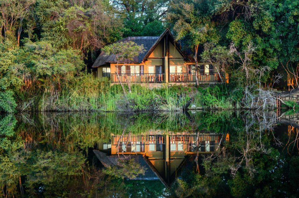 eine Hütte im Wald neben einem Wasserkörper in der Unterkunft Gondwana Namushasha River Lodge in Kongola