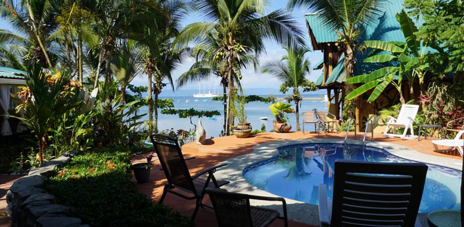 una piscina del resort con sedie e l'oceano sullo sfondo di Cabinas Jimenez a Puerto Jiménez
