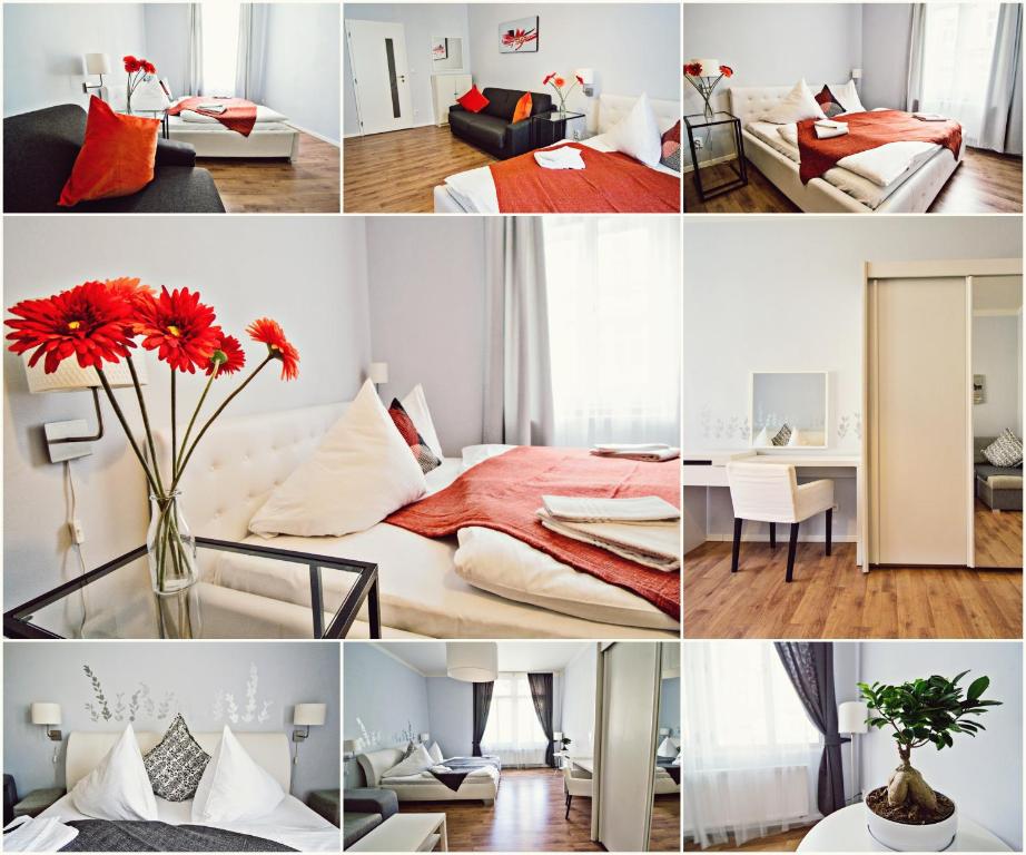 un collage de photos d'une chambre d'hôtel dans l'établissement Business Class Ruterra Suite, à Prague
