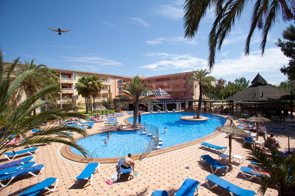 una piscina en un complejo con sillas azules y palmeras en Aparthotel Aquasol, en Palmanova