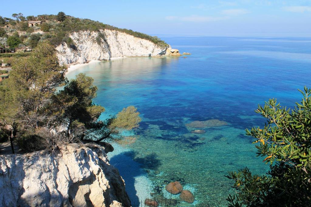 una vista aerea di una spiaggia con acqua blu di Padulella Mare by HelloElba a Portoferraio