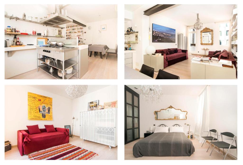 un collage de quatre photos d'une chambre et d'un salon dans l'établissement Ghetto Apartment for 4, à Venise