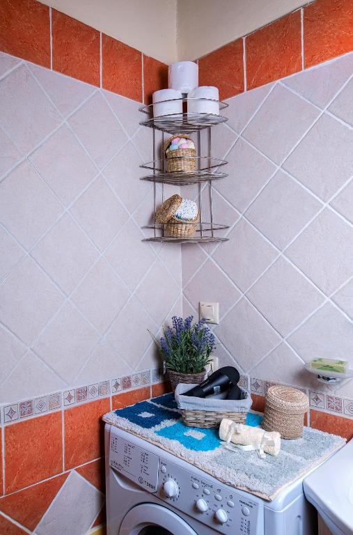 kuchnia z pralką w pokoju w obiekcie Kyriaki's Cozy Apartments w mieście Agia Marina Nea Kydonias