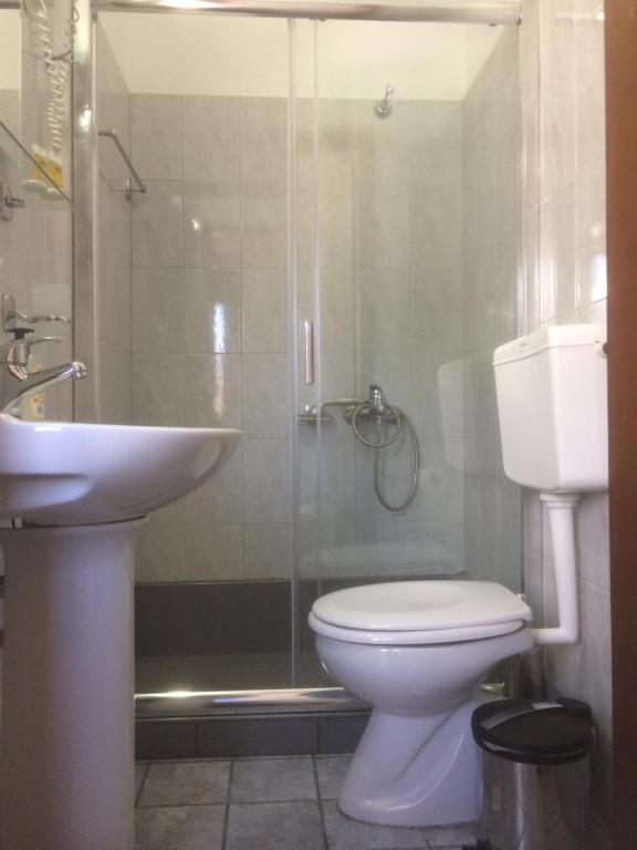 a bathroom with a shower and a toilet and a sink at Platanos Rooms in Anopoli Sfakion