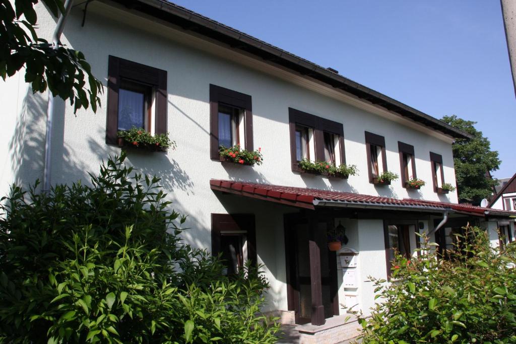 een wit huis met ramen en planten erop bij Ferienwohnung Bayer in Kurort Gohrisch