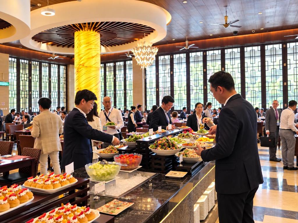 Guests serve themselves from a lavish buffet in a large, bright dining room.