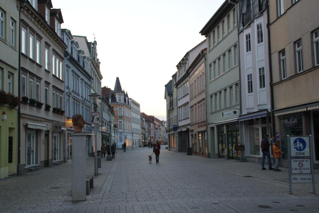 a person walking a dog on a street with buildings at Hotel Thüringer Hof in Rudolstadt