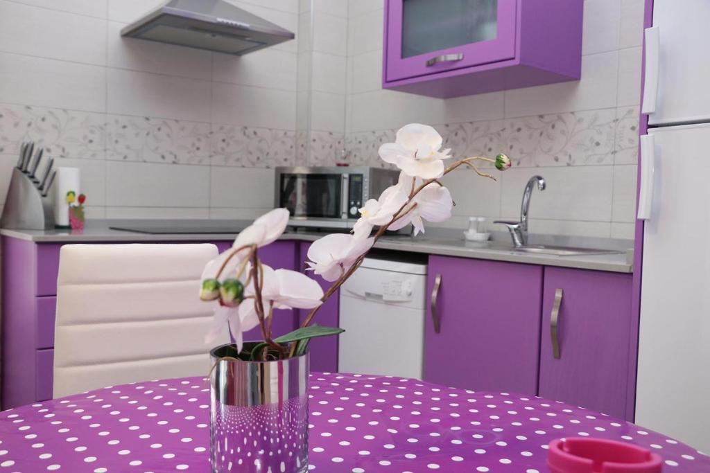 コニル・デ・ラ・フロンテーラにあるApartamento céntricoの紫のキッチン(テーブルの上に花瓶付)