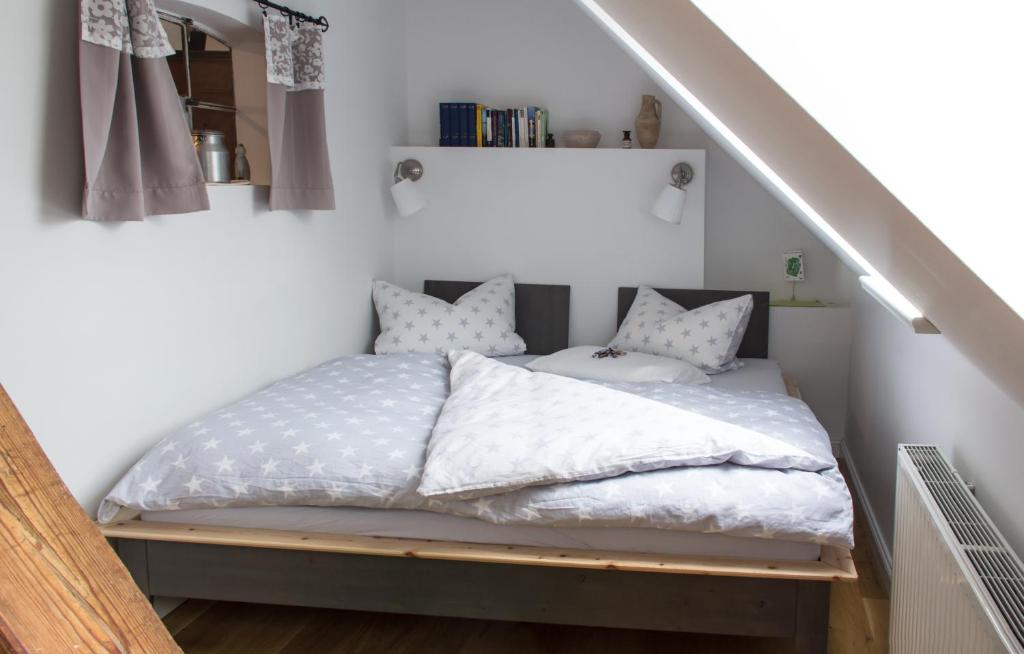 a bedroom with a bed on a wooden platform at SchönErleben in Schwabstedt