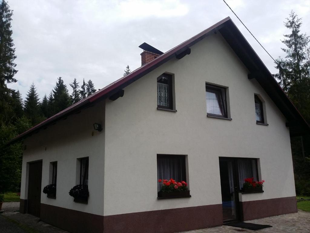 a white house with flowers in the windows at KÓŃSKO SIGŁA in Wisła