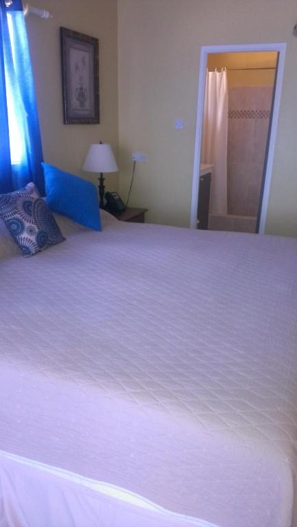 a bedroom with a large bed with a white bedspread at Paradise Beach Hotel in Kingstown