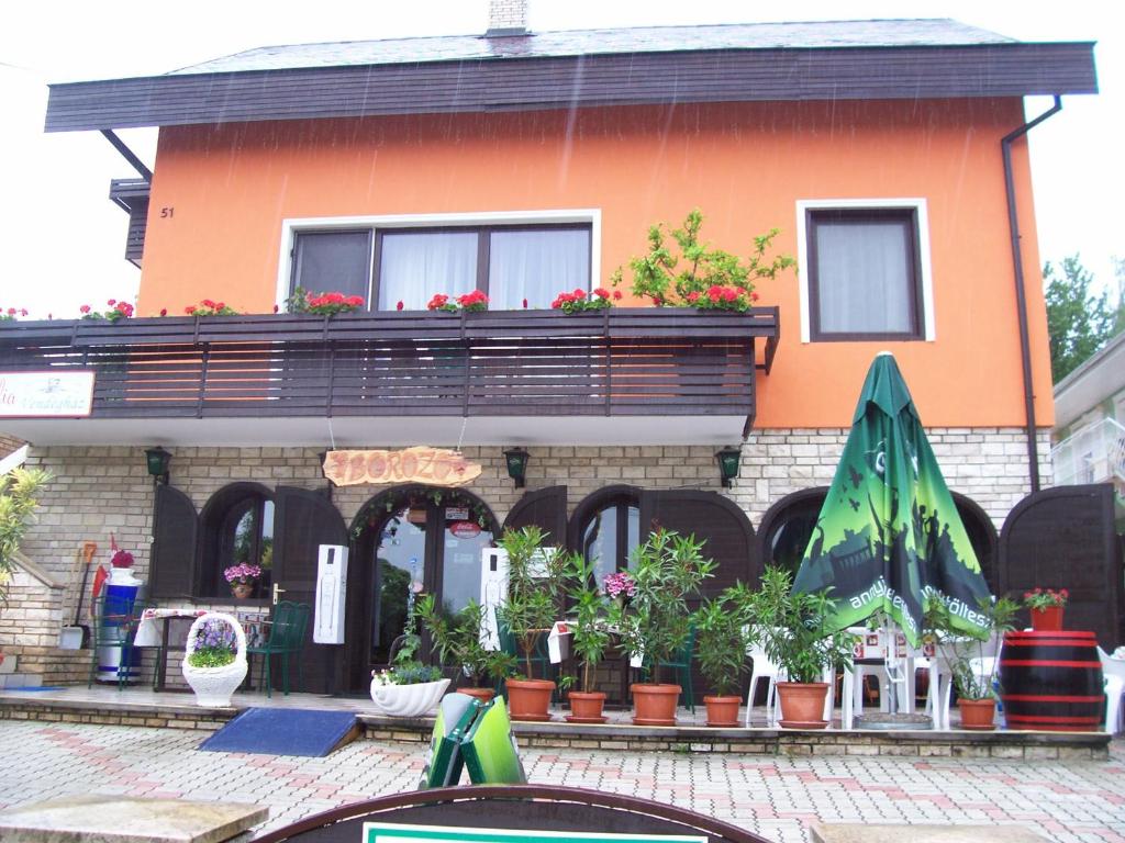 Ein Gebäude mit einem Haufen Topfpflanzen davor. in der Unterkunft Júlia Vendégház in Zalakaros