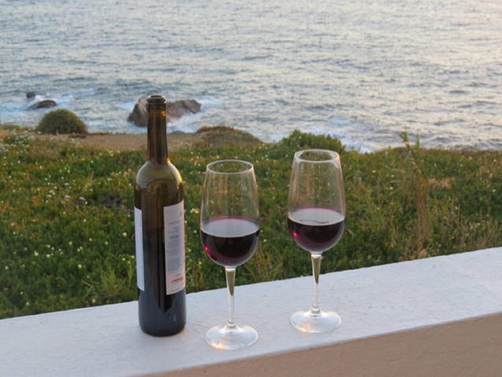 uma garrafa de vinho e dois copos numa mesa em Casas do Zé Zambujeira do Mar na Zambujeira do Mar