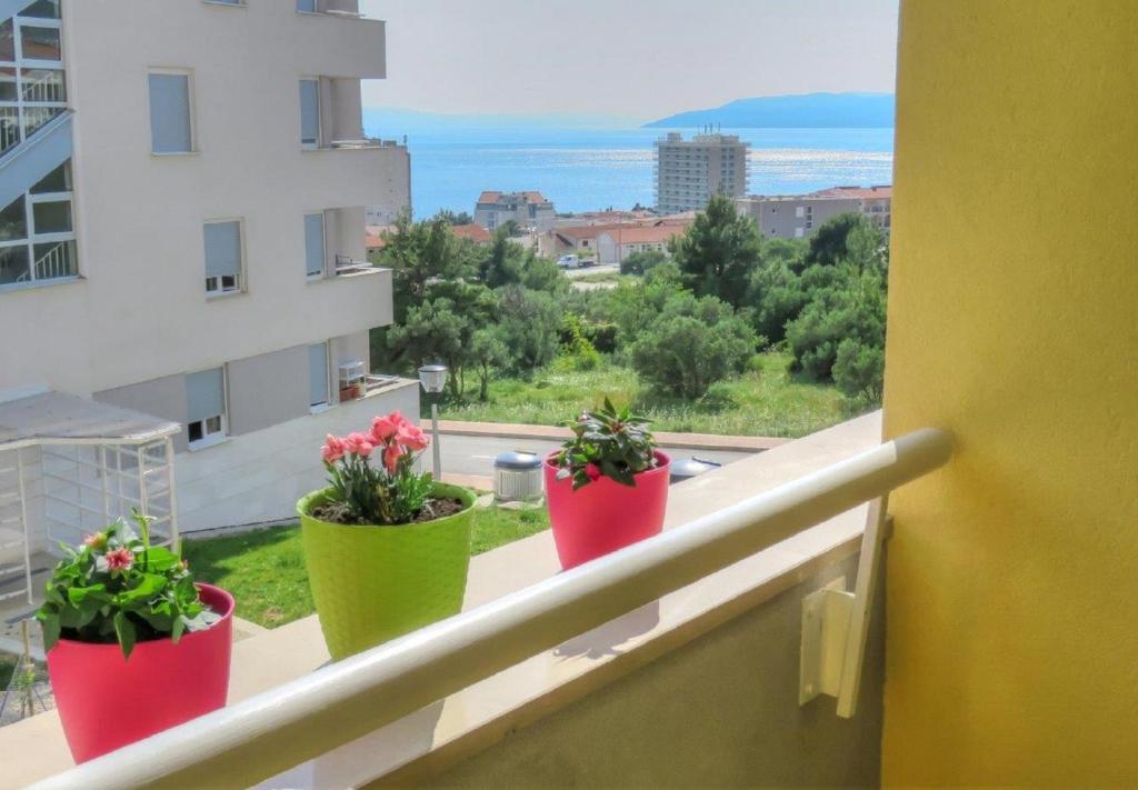 drie potplanten op een balkon met uitzicht op de oceaan bij Apartment Mia Makarska in Makarska