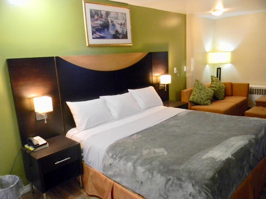 une chambre avec un grand lit et un canapé dans l'établissement American Plaza Motel, à London
