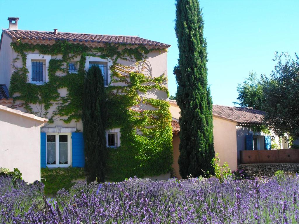 une maison avec des fleurs violettes devant dans l'établissement Clos des Lavandes - Chambres et Suites de charme climatisées-Luberon, à Lacoste