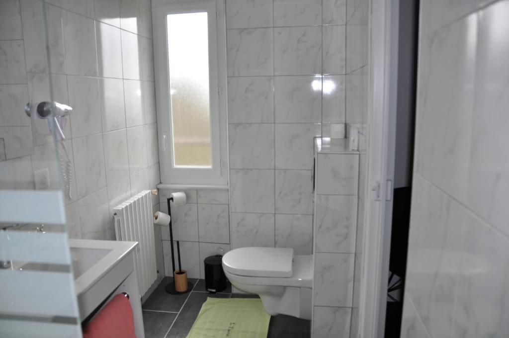 ein Badezimmer mit einem WC, einem Waschbecken und einem Spiegel in der Unterkunft Le Florentin in Florentin-la-Capelle