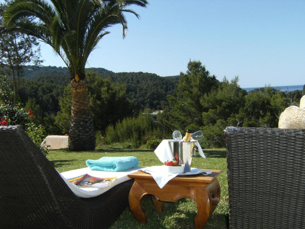 a table and two chairs with a table and a palm tree at Hotel Rural Can Maries in Puerto de San Miguel