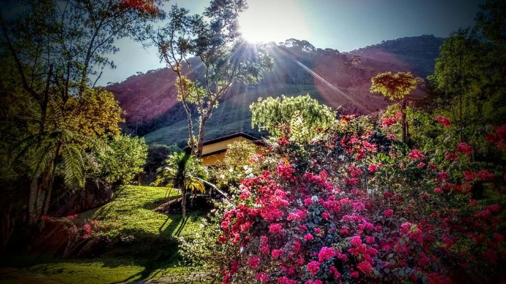 un jardín con flores rosas frente a una casa en Recanto das Pedras, en São Francisco Xavier