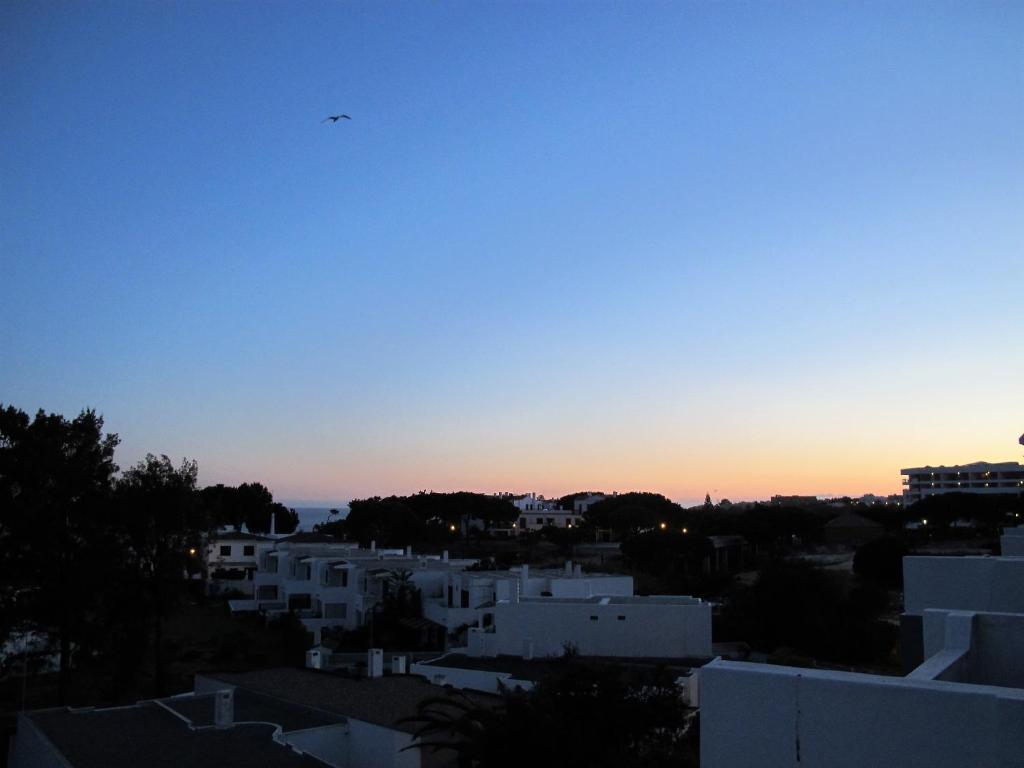 アルブフェイラにあるAt a sea view top-floor apt, 500 m from the beach!の夕暮れ時の建物上空を飛ぶ鳥