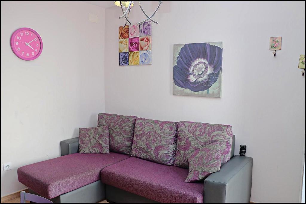 コニル・デ・ラ・フロンテーラにあるApartamento cerca Playa Batelesの紫色のソファ(リビングルーム内、時計付)