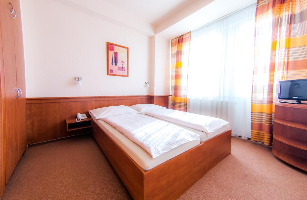 niewielka sypialnia z łóżkiem i telewizorem w obiekcie Hotel Vsacan w mieście Vsetín