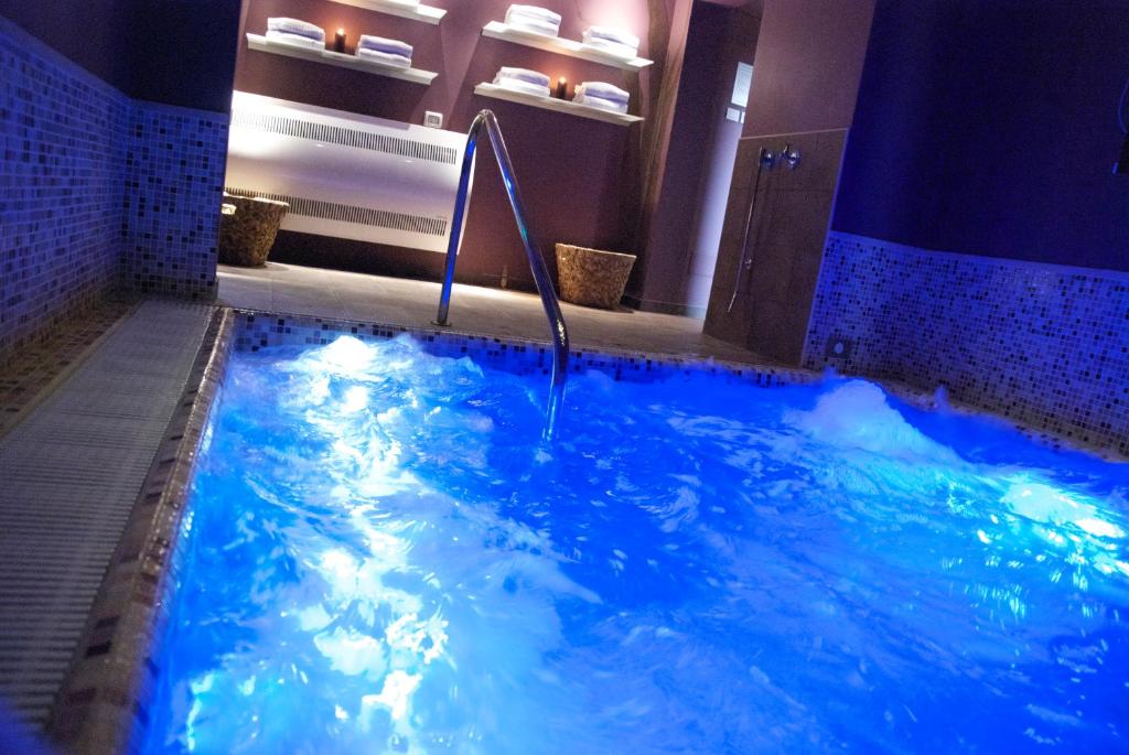 リミニにあるSovrana Hotel & SPAのバスルーム(青い水の大きなプール付)