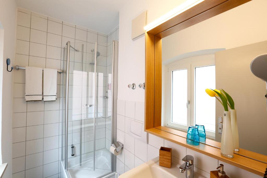 a bathroom with a shower and a sink and a mirror at Hotel am Peterstor in Regensburg