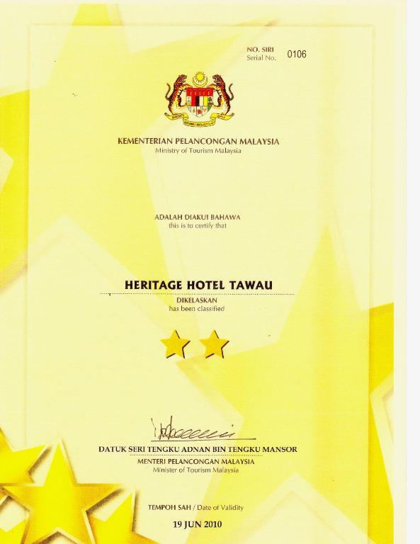 Certifikát, hodnocení, plakát nebo jiný dokument vystavený v ubytování Heritage Hotel