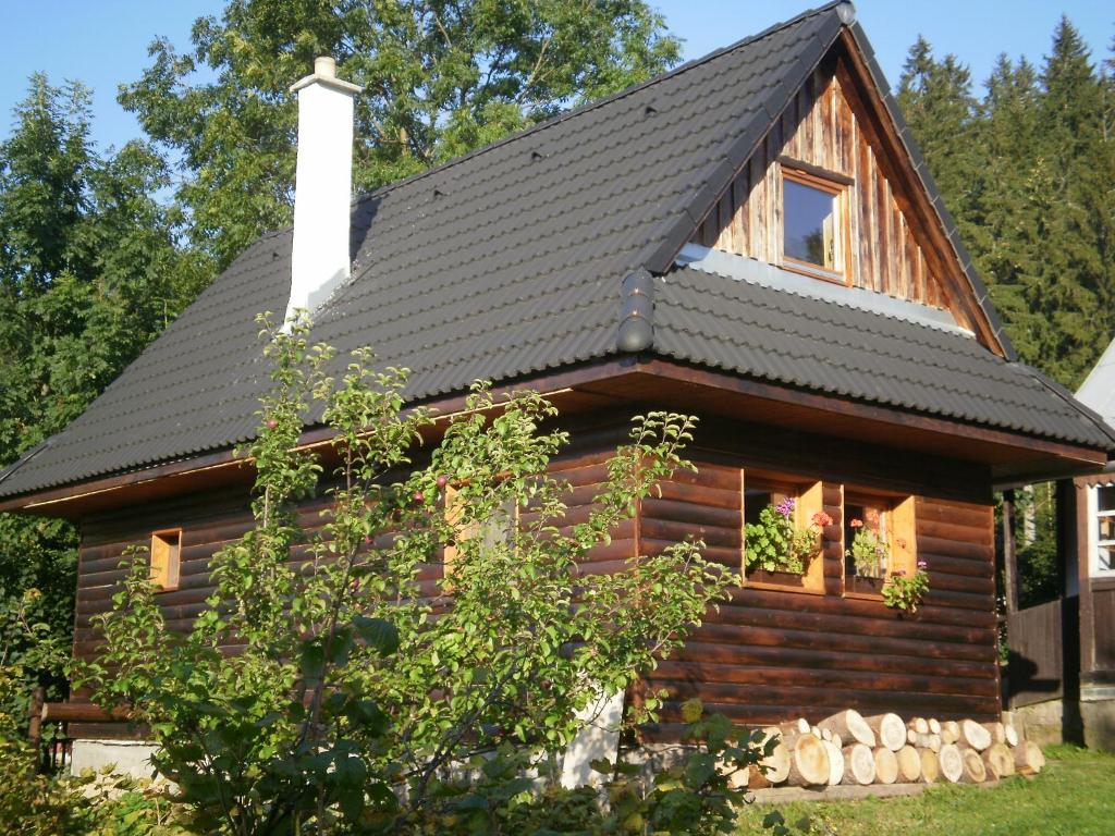 a log cabin with a black roof at Chata Donovaly Buly 242/C in Donovaly