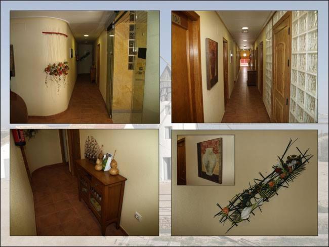 a collage of four pictures of a hallway at Hotel Los Molinos in Lo Pagán