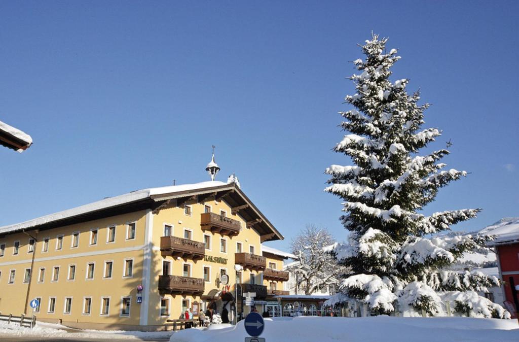 un albero di Natale coperto di neve di fronte a un edificio di Appartements KALSWIRT a Kirchberg in Tirol