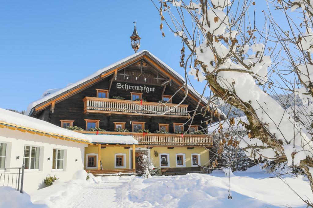 a chalet in the winter with snow on the ground at Pension Schrempfgut in Flachau