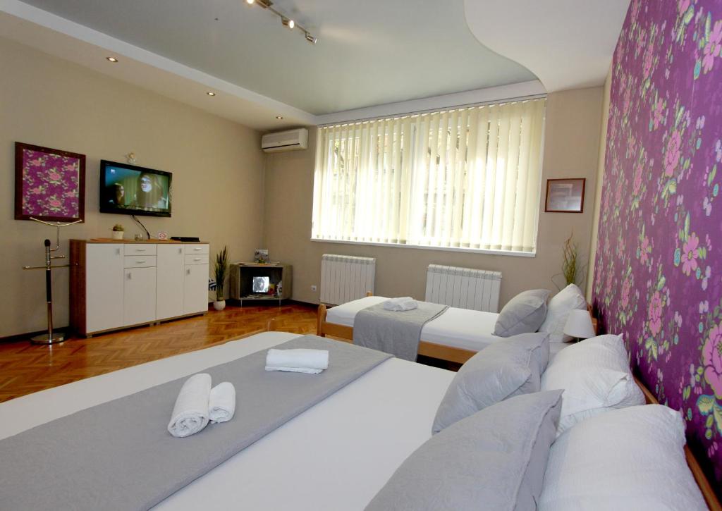 a large room with two beds and a tv at Sneki Apartment in Belgrade