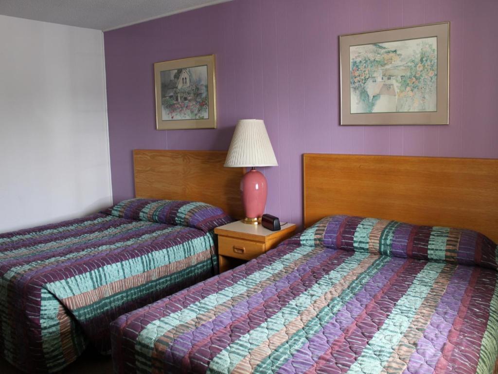 two beds in a hotel room with purple walls at Motel 101 in Gold Beach