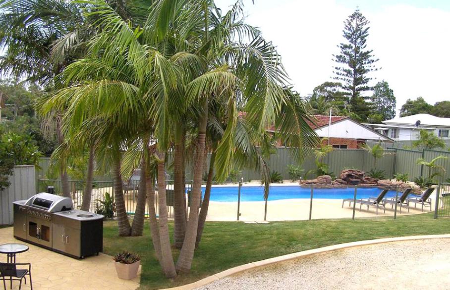 una piscina con 2 palmeras y una parrilla en Koala Tree Motel, en Port Macquarie