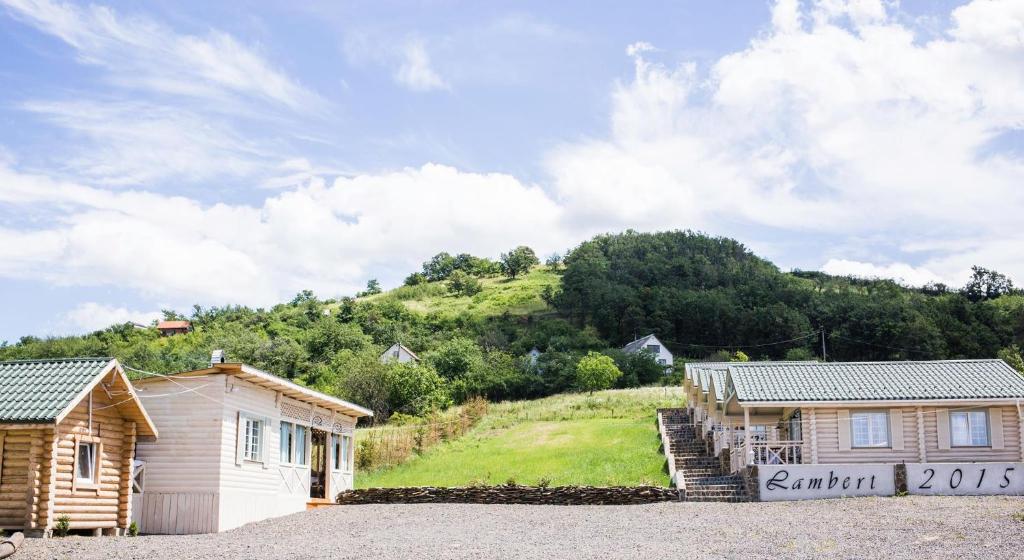 a cabin and a house with a hill in the background at French Town in Berehove