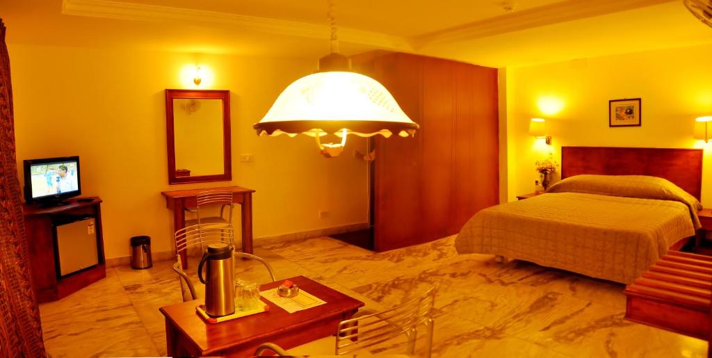a bedroom with a bed and a television and a lamp at Nayagara Hotel in Chennai