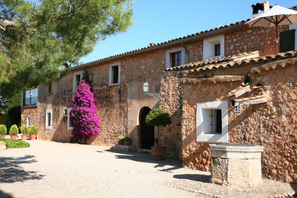 un antiguo edificio de piedra con flores rosas en el lateral en Torrent Fals en Santa Maria del Camí