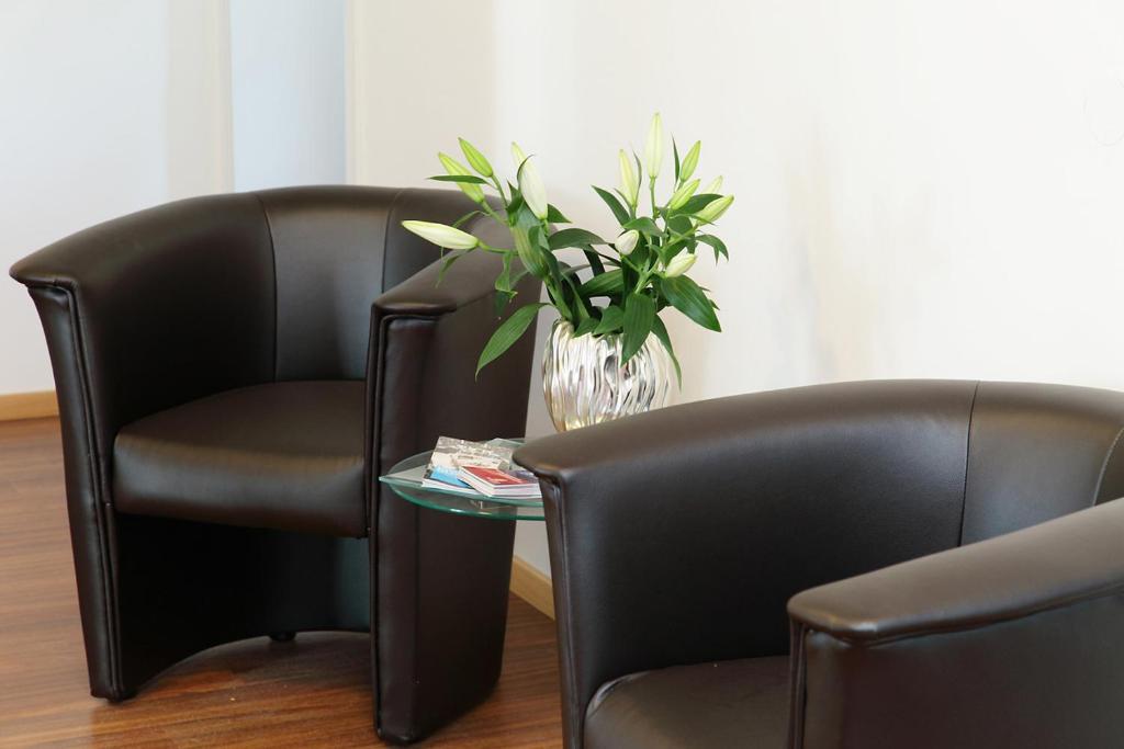 zwei schwarze Stühle und eine Vase mit einer Pflanze auf dem Tisch in der Unterkunft Pension Arkade in Neckarsulm