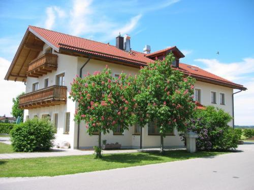 une grande maison blanche avec un arbre en face dans l'établissement Pension Demmel, à Bruckmühl