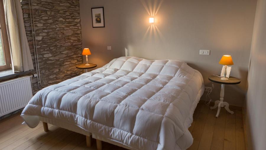 duże białe łóżko w pokoju z 2 lampami w obiekcie Gîte Coeur de Beurre w mieście Louette-Saint-Denis