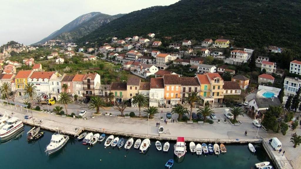 an aerial view of a town with boats in the water at Apartments Jelavic in Trpanj