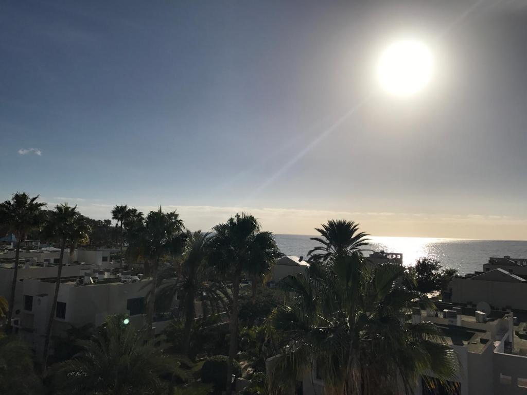 widok na ocean z palmami i budynkami w obiekcie Moderno apartamento con vistas al mar w mieście Playa del Aguila