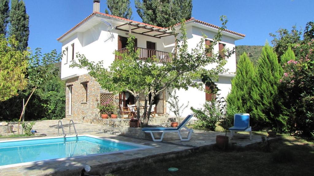 a villa with a swimming pool in front of a house at EL Villa Pelion in Chorto