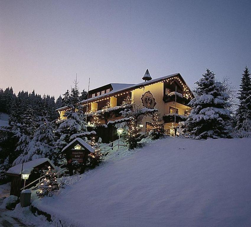 ein großes Gebäude im Schnee mit Weihnachtslichtern in der Unterkunft Hotel Adlerschanze in Schönwald