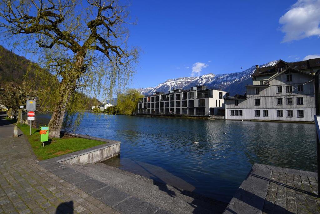 Blick auf einen Fluss mit Gebäuden und einen Berg in der Unterkunft The River Holiday Apartment in Interlaken