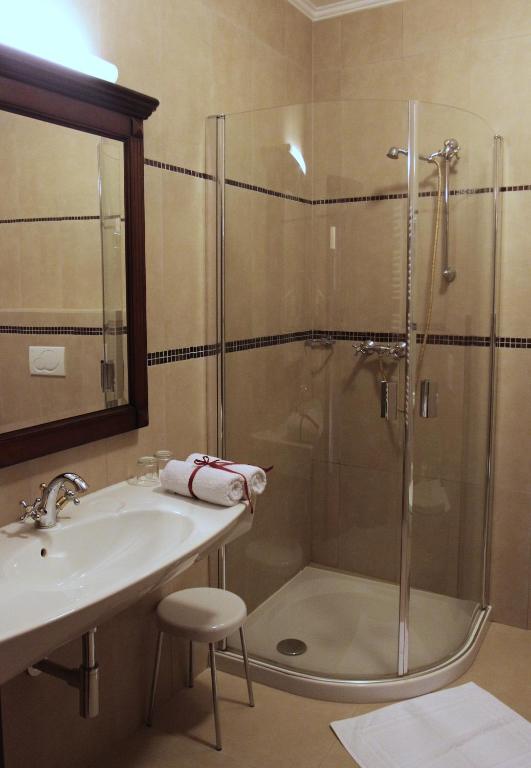 a bathroom with a shower and a sink at Hotel U Krále in Jičín